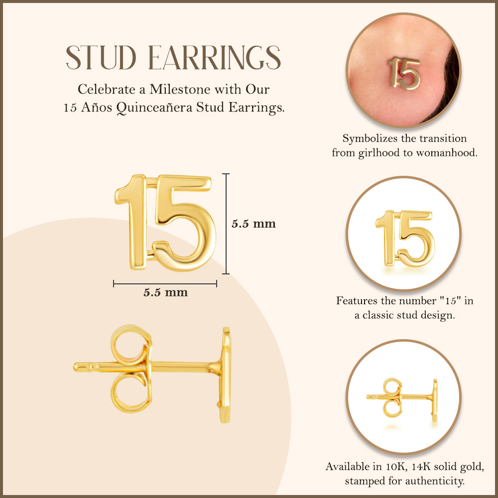 Yellow Gold 15 Años Quinceañera Stud Earrings, view 3