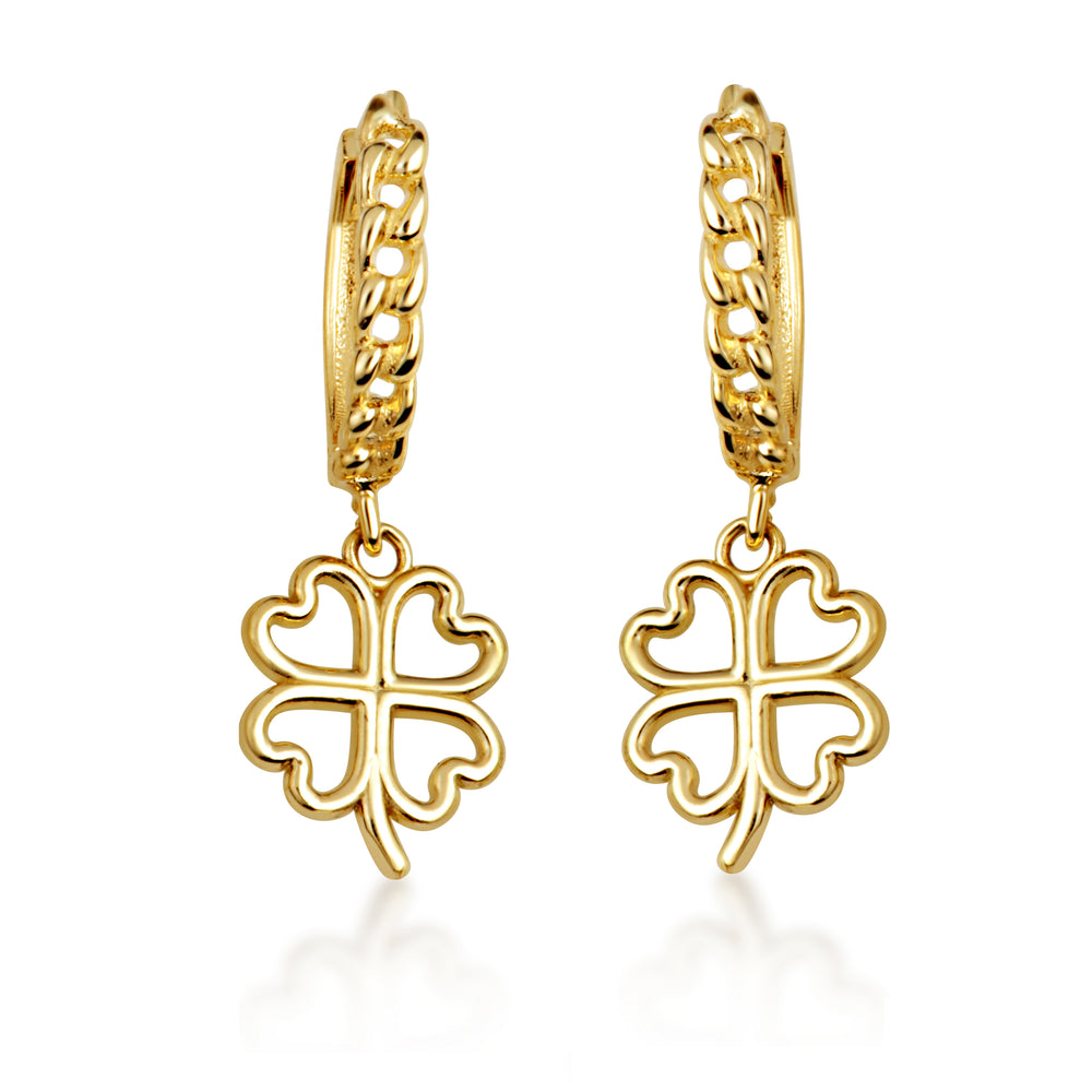 Yellow Gold 4 Leaf Clover Lucky Cuban Link Huggie Hoop Earrings