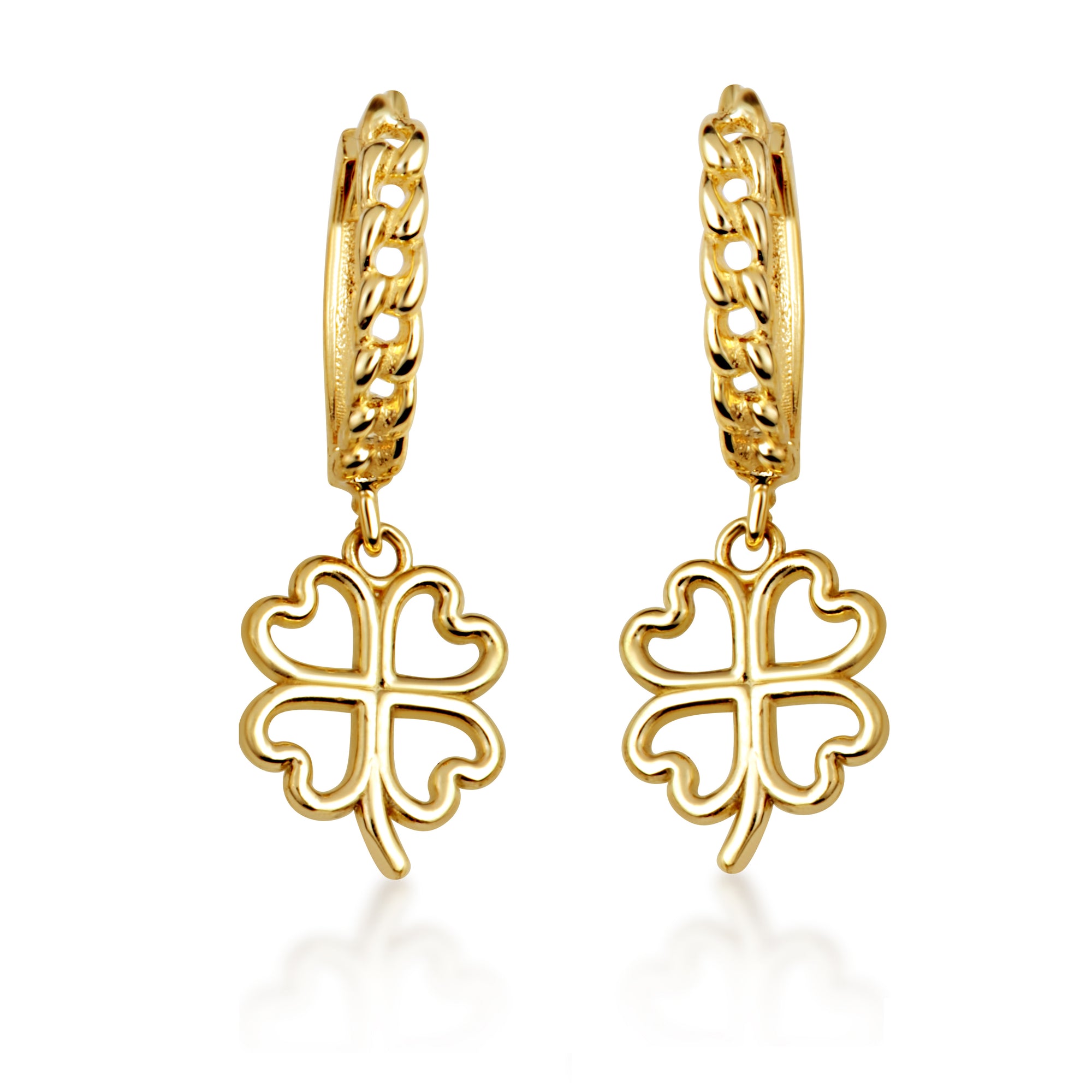 Yellow Gold 4 Leaf Clover Lucky Cuban Link Huggie Hoop Earrings