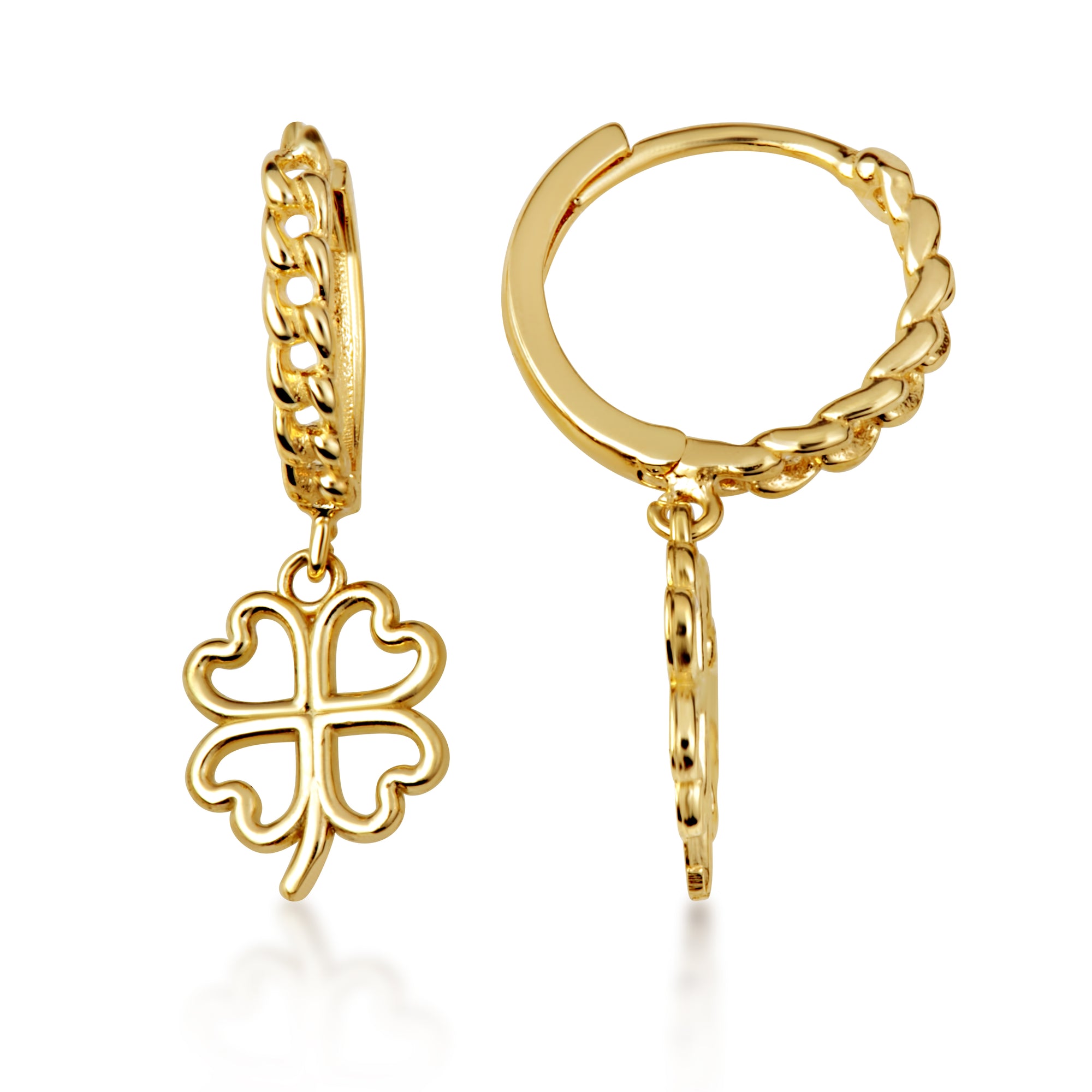 Yellow Gold 4 Leaf Clover Lucky Cuban Link Huggie Hoop Earrings, view 4