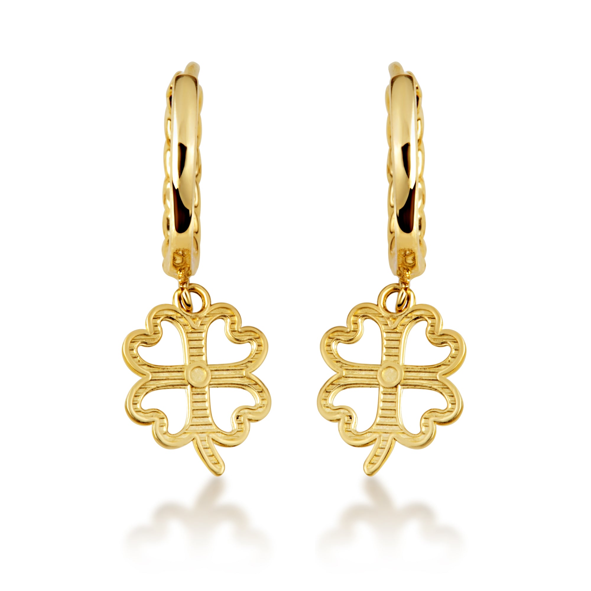 Yellow Gold 4 Leaf Clover Lucky Cuban Link Huggie Hoop Earrings, view 5