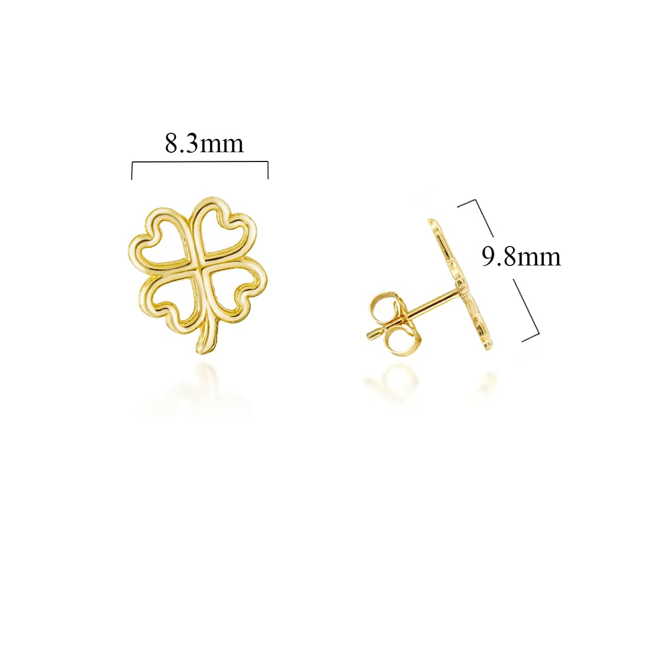Yellow Gold 4 Leaf Clover Lucky Stud Earrings, view 3