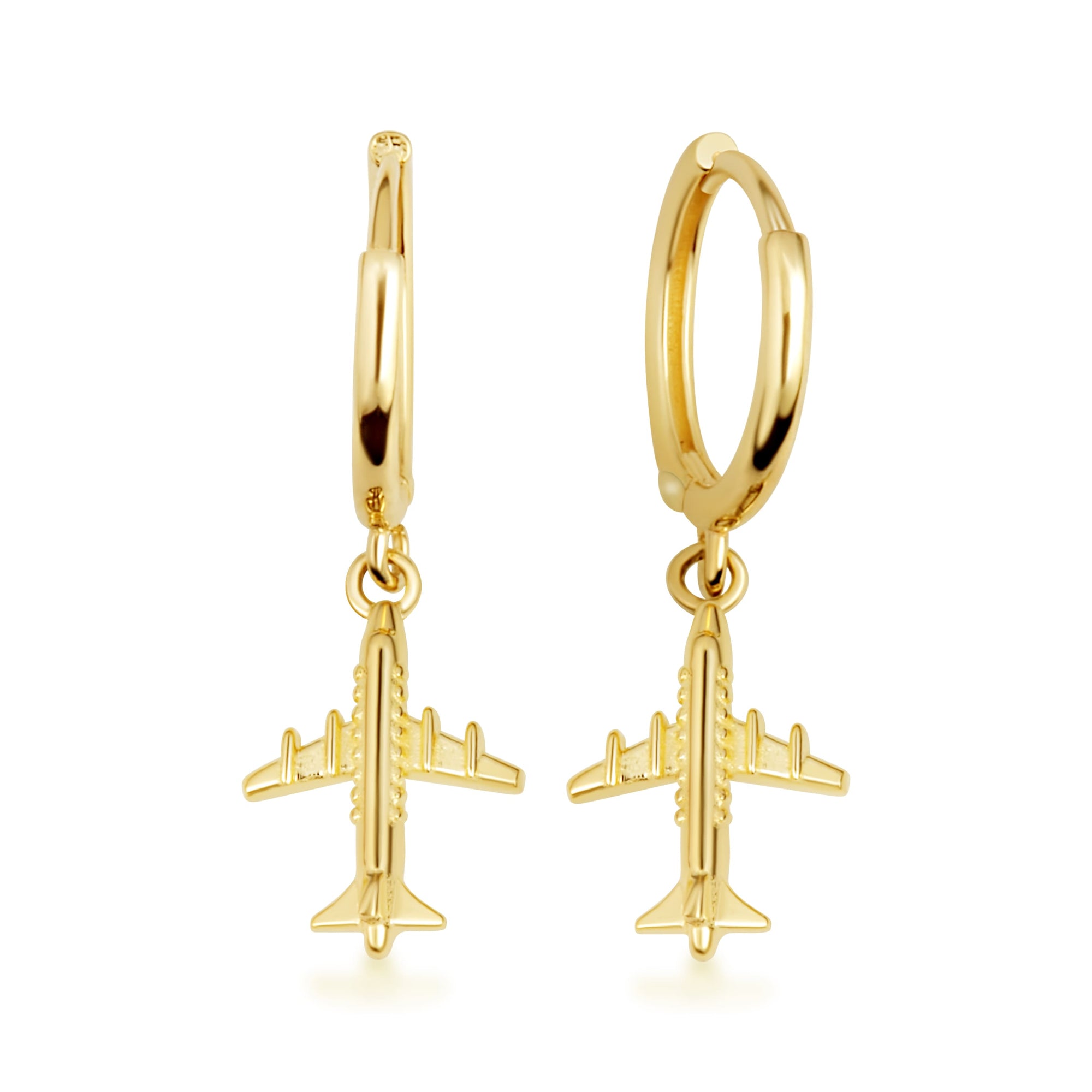 Yellow Gold Airplane Travel Drop Huggie Hoop Earrings