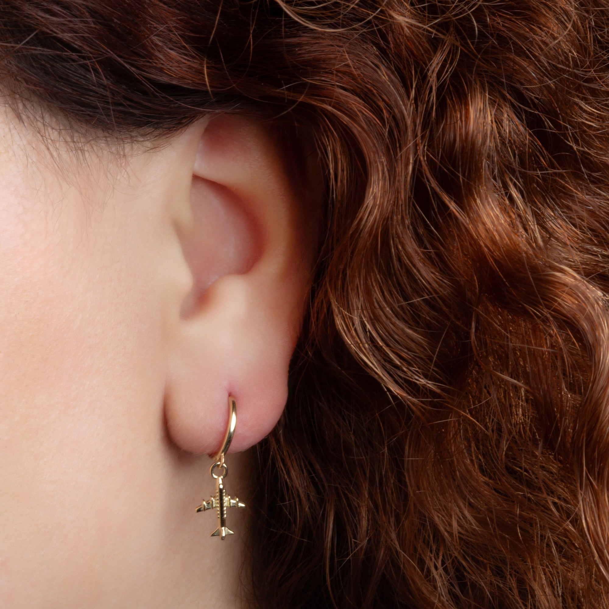 Yellow Gold Airplane Travel Drop Huggie Hoop Earrings, view 2