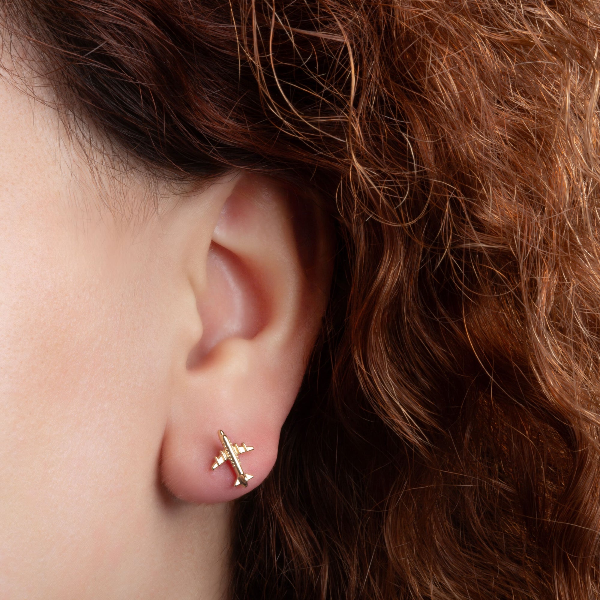 Yellow Gold Airplane Travel Stud Earrings, view 2