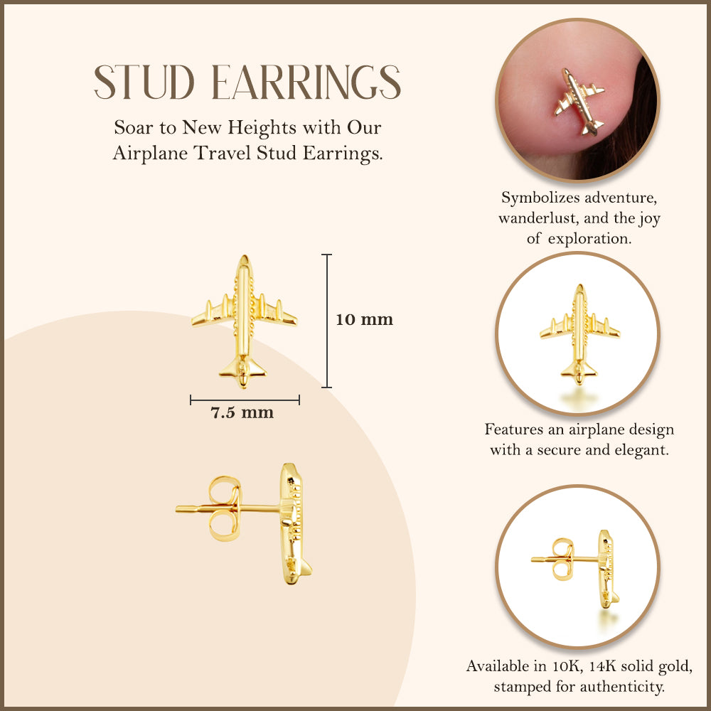 Yellow Gold Airplane Travel Stud Earrings, view 3