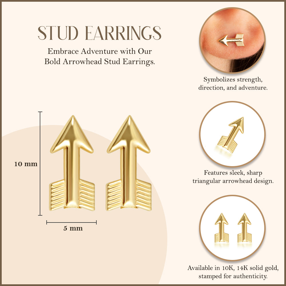 Yellow Gold Arrowhead Stud Earrings, view 3