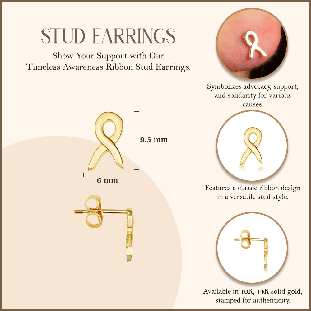 Yellow Gold Awareness Ribbon Stud Earrings, view 3