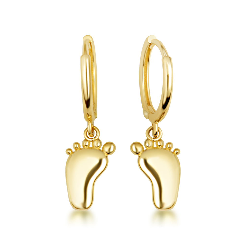 Yellow Gold Baby Foot Print Huggie Hoop Drop Earrings