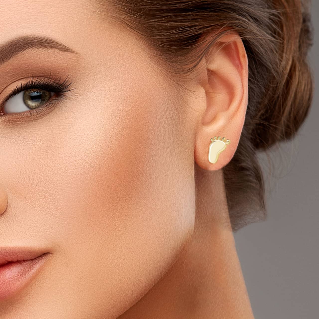 Yellow Gold Baby Foot Print Stud Earrings, view 2