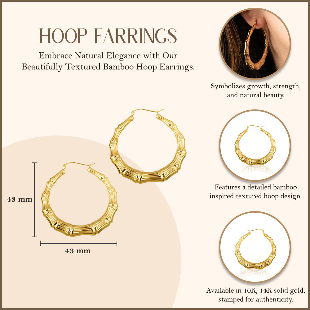 Yellow Gold Bamboo Hoop Earrings, view 3