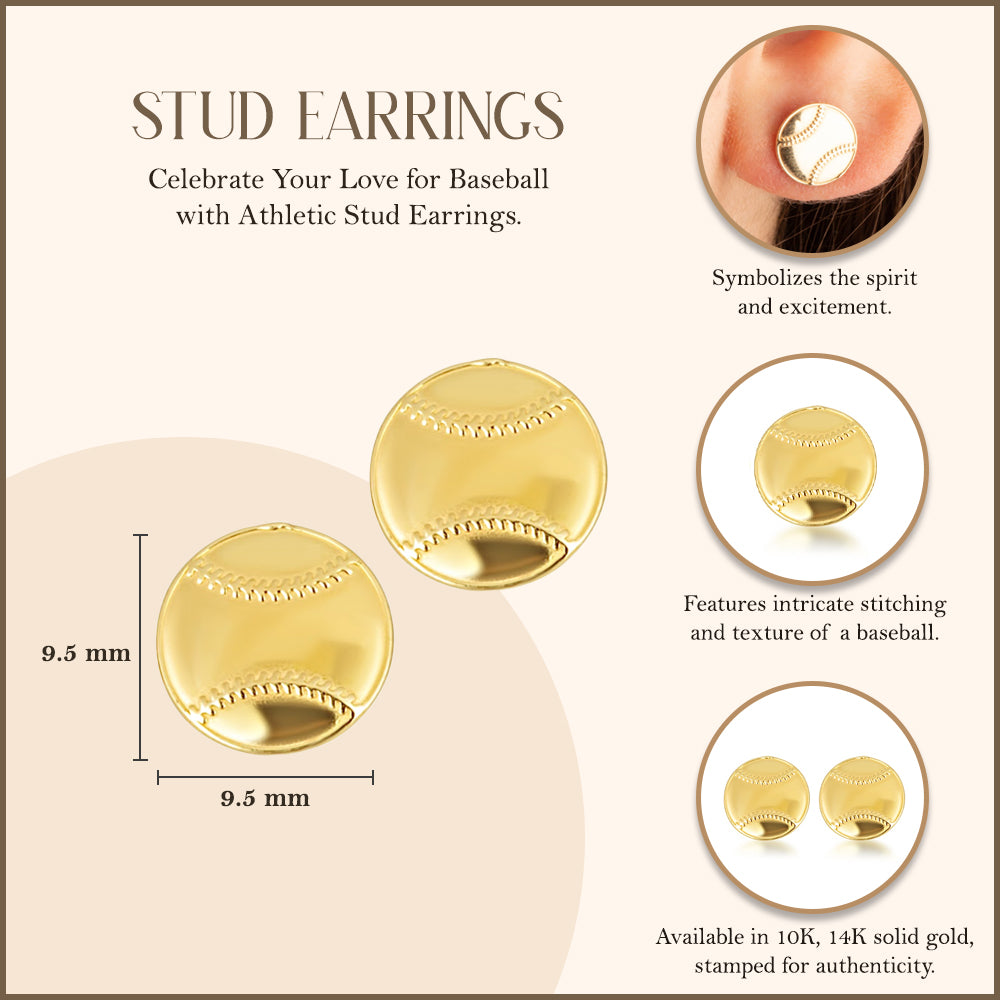 Yellow Gold Baseball Sports Athletic Stud Earrings, view 3