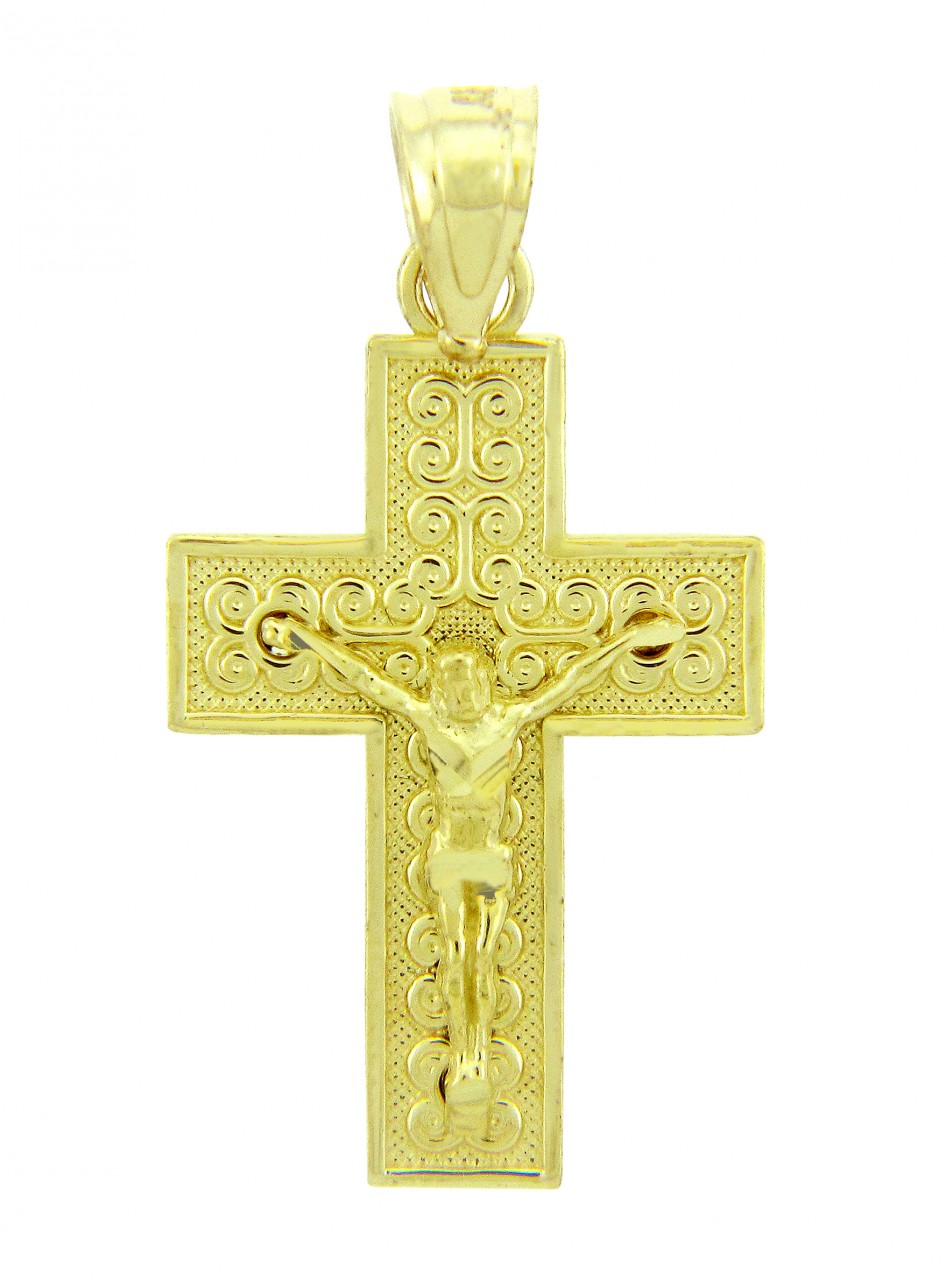 Yellow Gold Beaded Cross Crucifix Jesus Christ Filigree Pendant