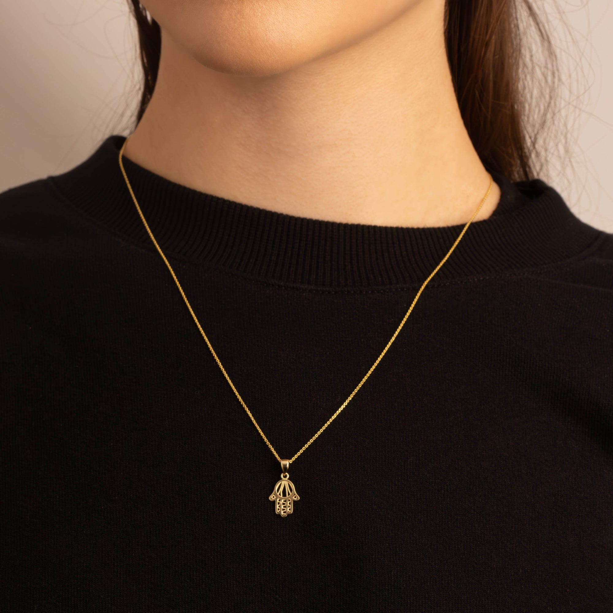 Yellow Gold Beaded Hamsa Hand Pendant Necklace, view 2