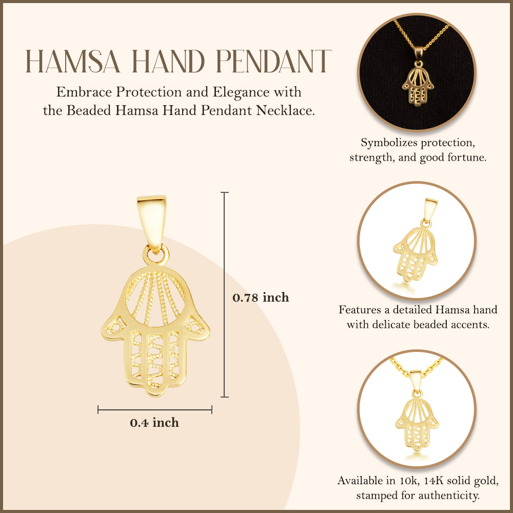 Yellow Gold Beaded Hamsa Hand Pendant Necklace, view 3
