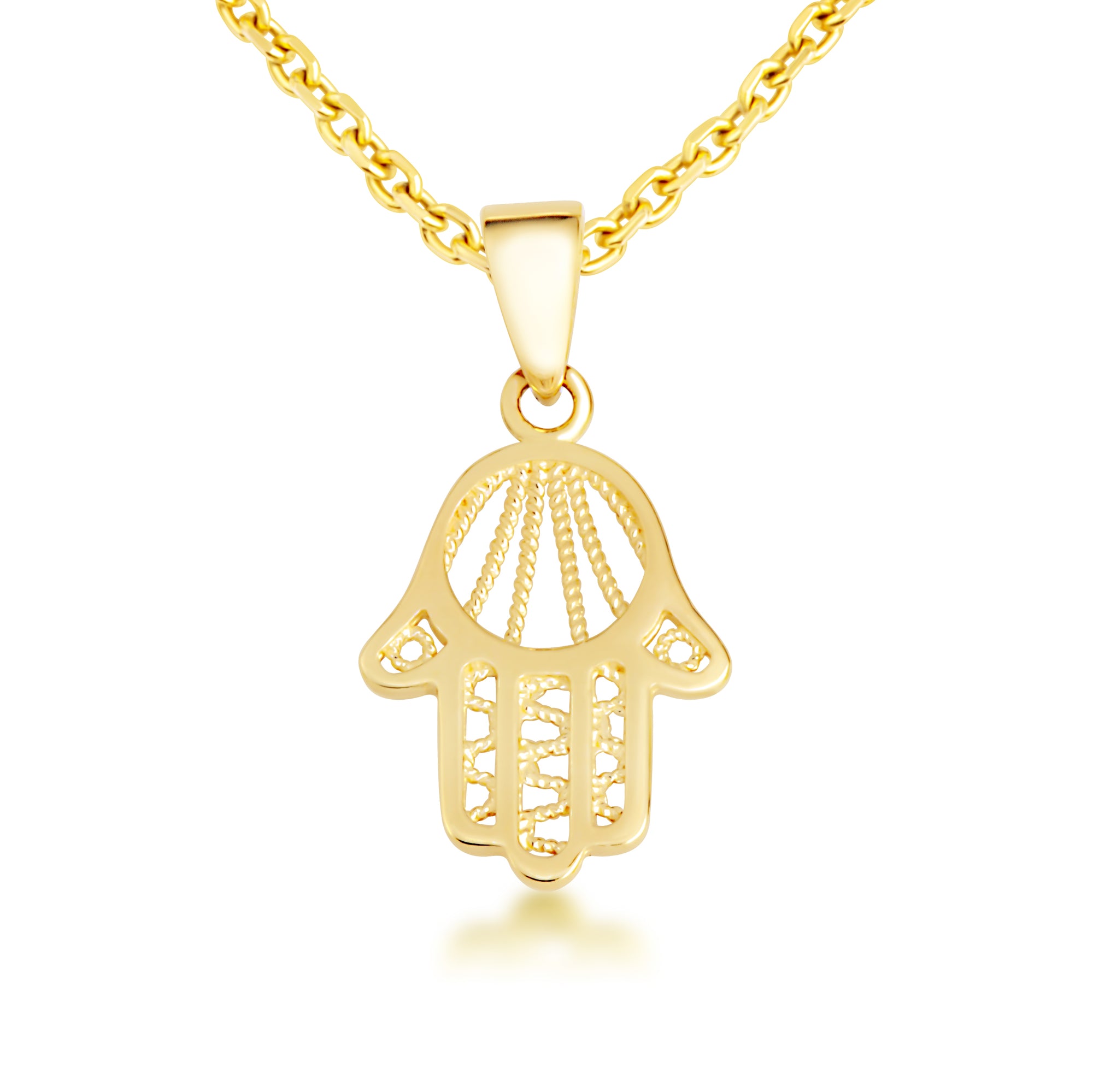 Yellow Gold Beaded Hamsa Hand Pendant Necklace, view 4