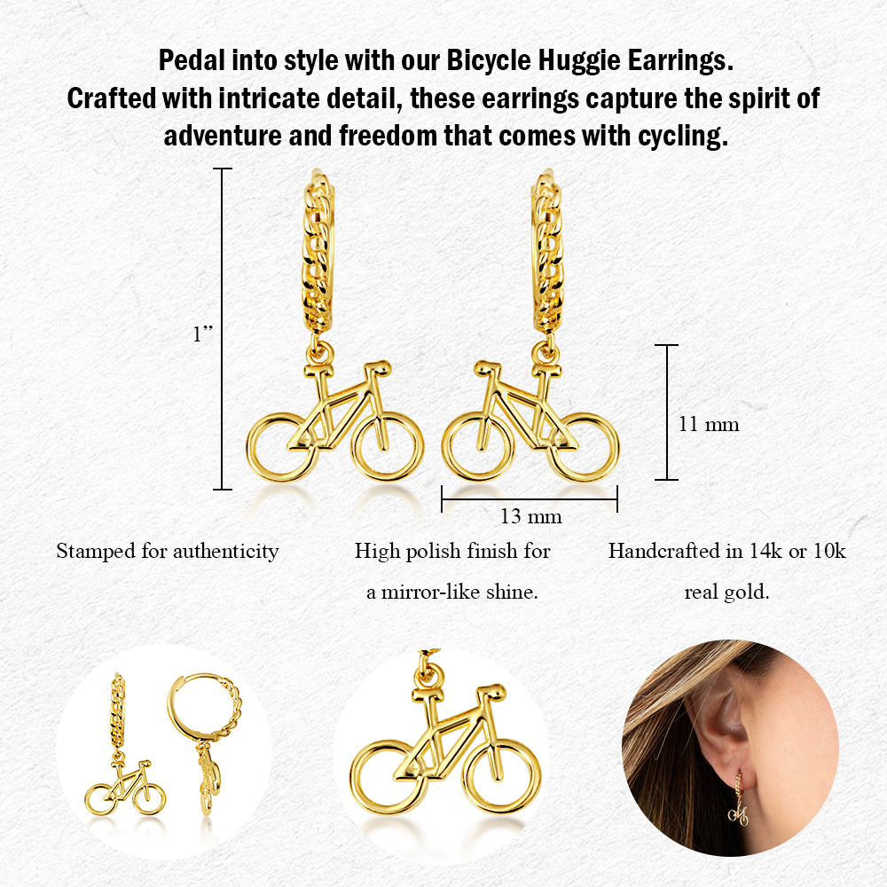 Yellow Gold Bicycle Cuban Link Huggie Hoop Earrings, view 3
