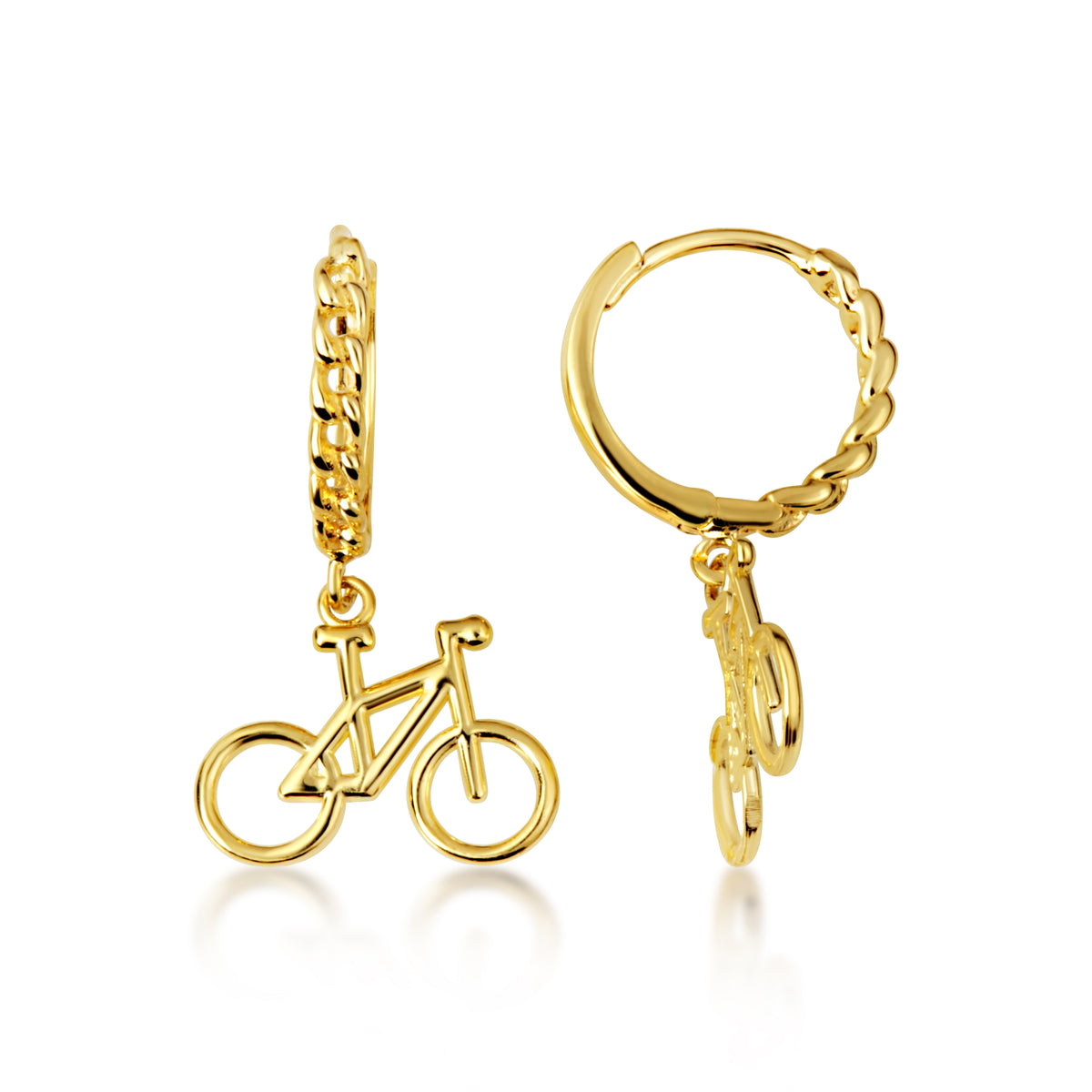Yellow Gold Bicycle Cuban Link Huggie Hoop Earrings, view 5