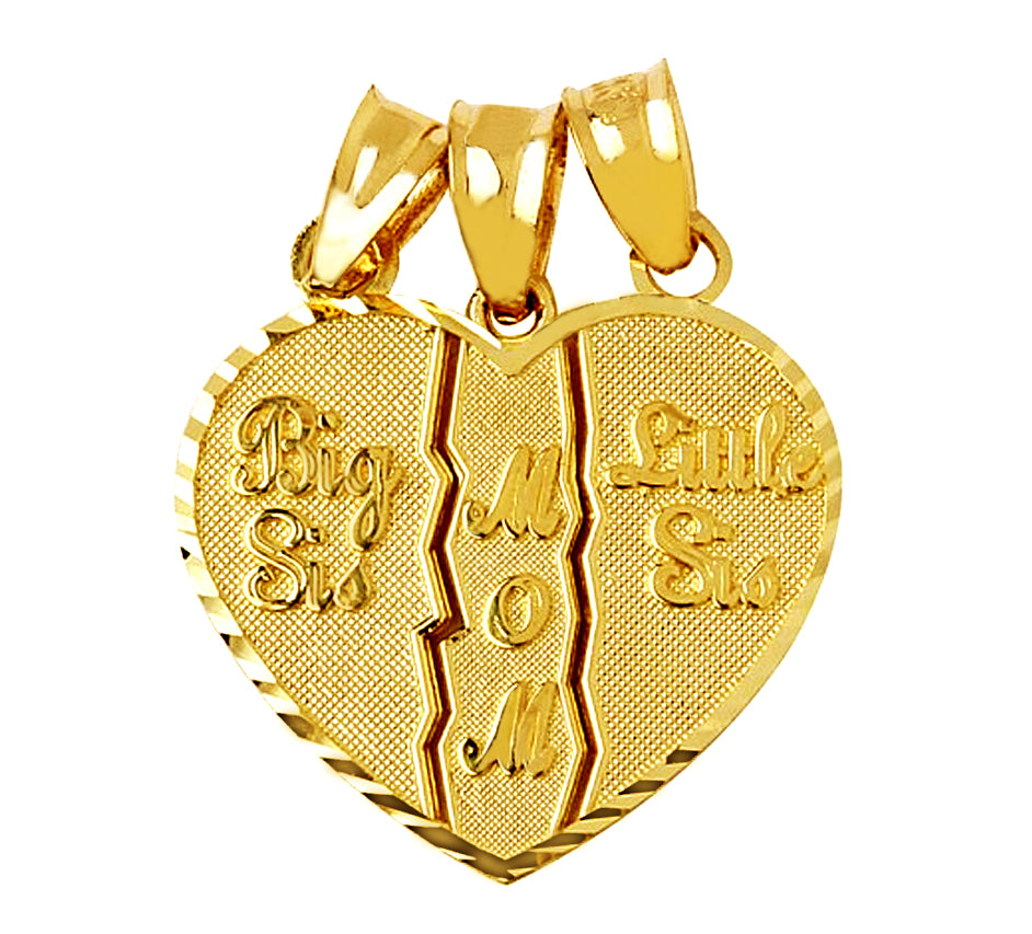 Yellow Gold Big Sis, Little Sis, Mom Breakable Heart 3 Piece Family Pendant