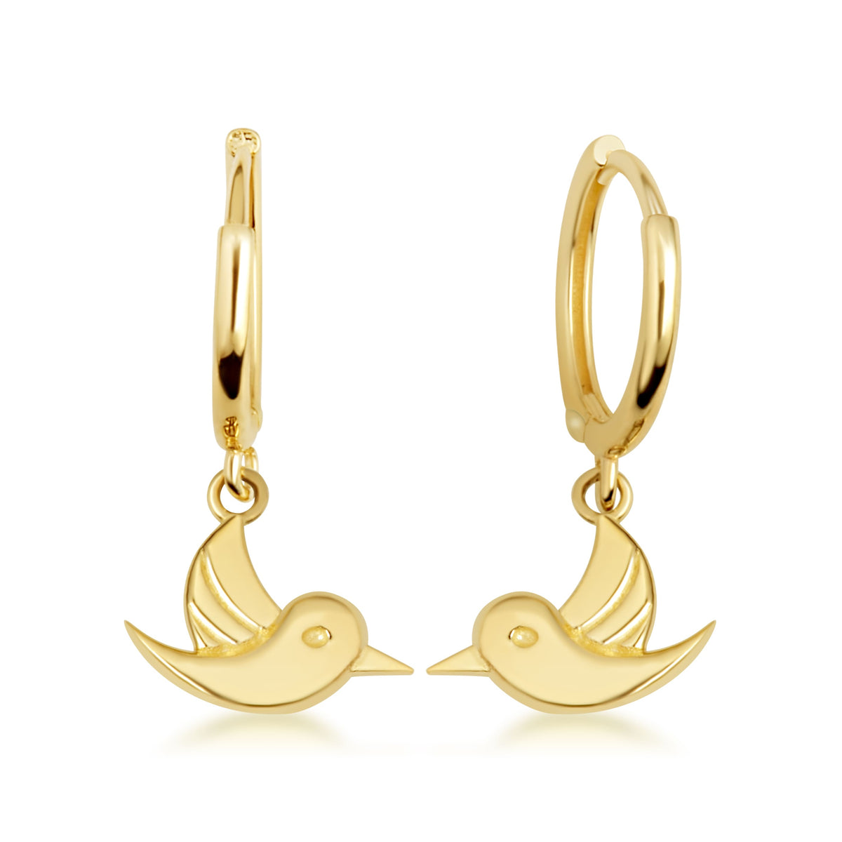 Yellow Gold Bird Dove Drop Huggie Hoop Earrings