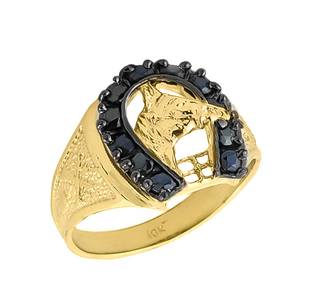 Yellow Gold Black Onyx Gemstone Lucky Horseshoe Ring