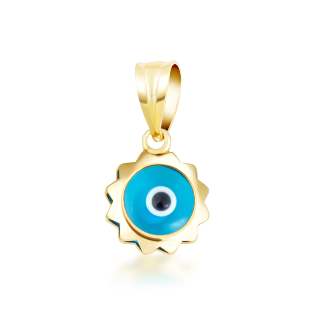 Yellow Gold Blue Enamel Evil Eye Sun Pendant Necklace