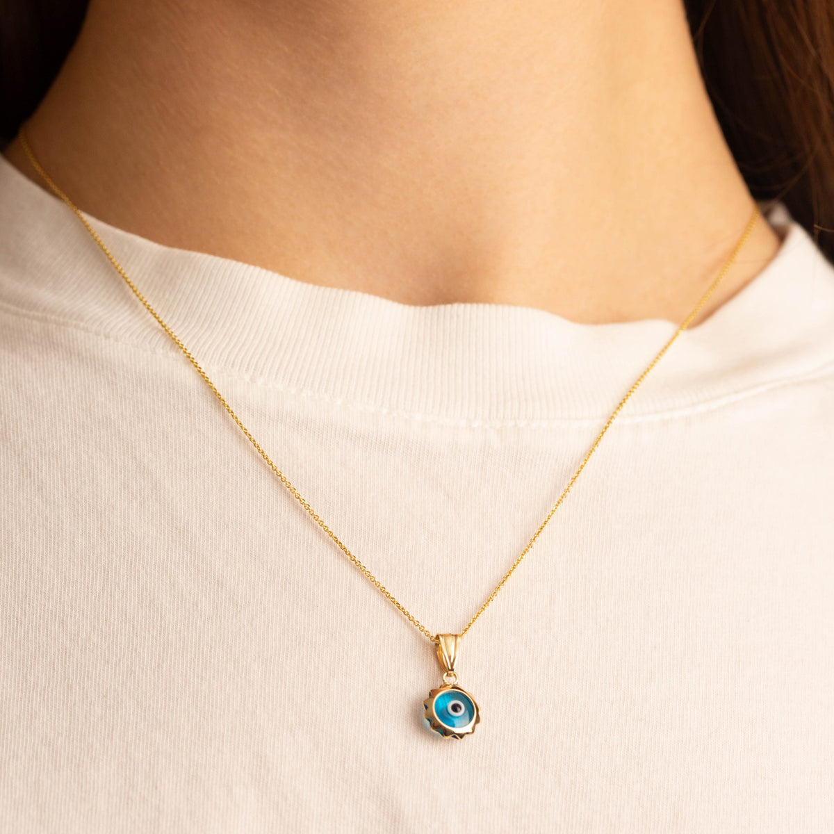 Yellow Gold Blue Enamel Evil Eye Sun Pendant Necklace, view 2