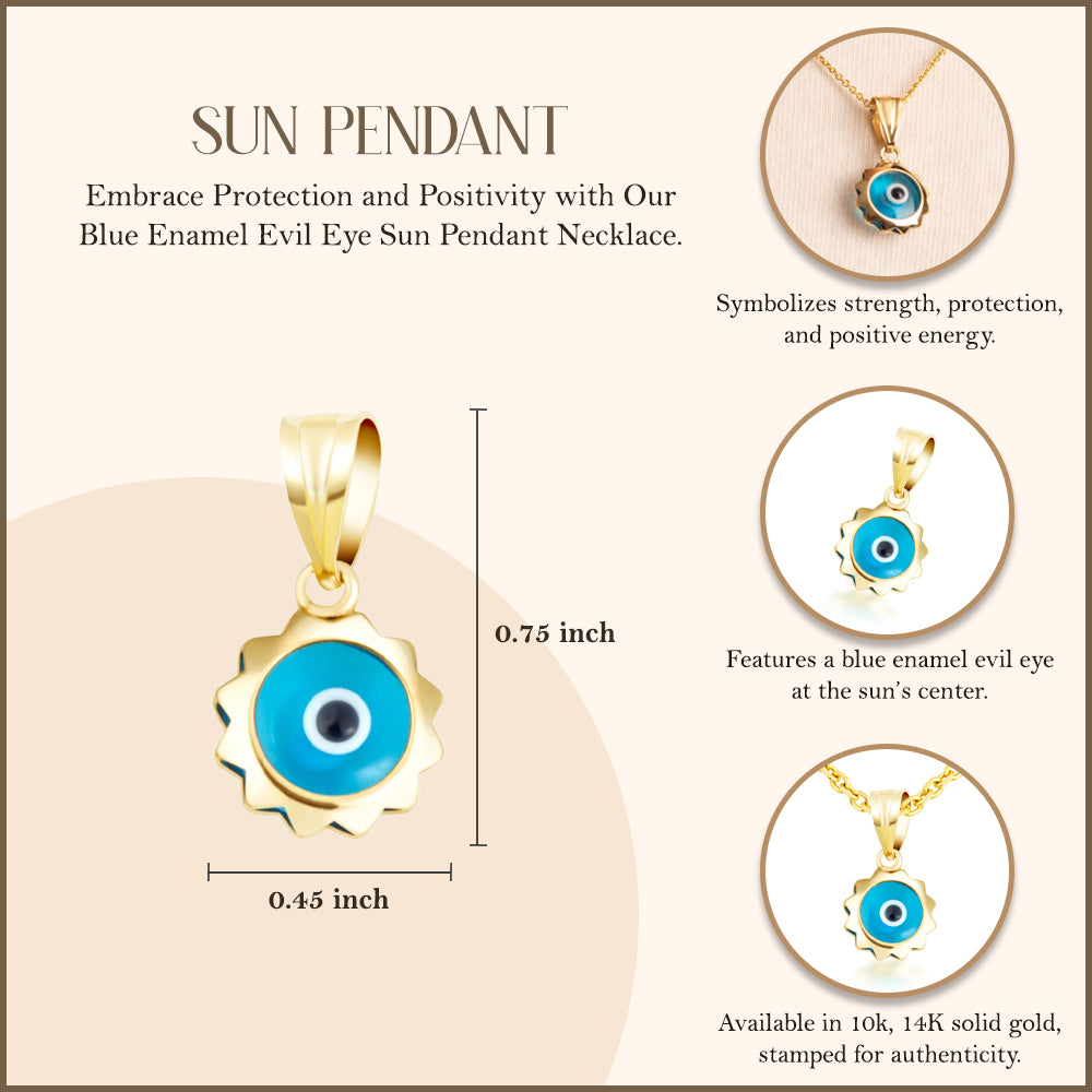 Yellow Gold Blue Enamel Evil Eye Sun Pendant Necklace, view 3