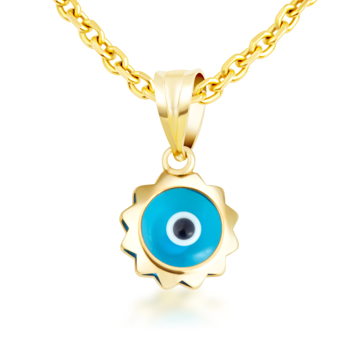 Yellow Gold Blue Enamel Evil Eye Sun Pendant Necklace, view 4