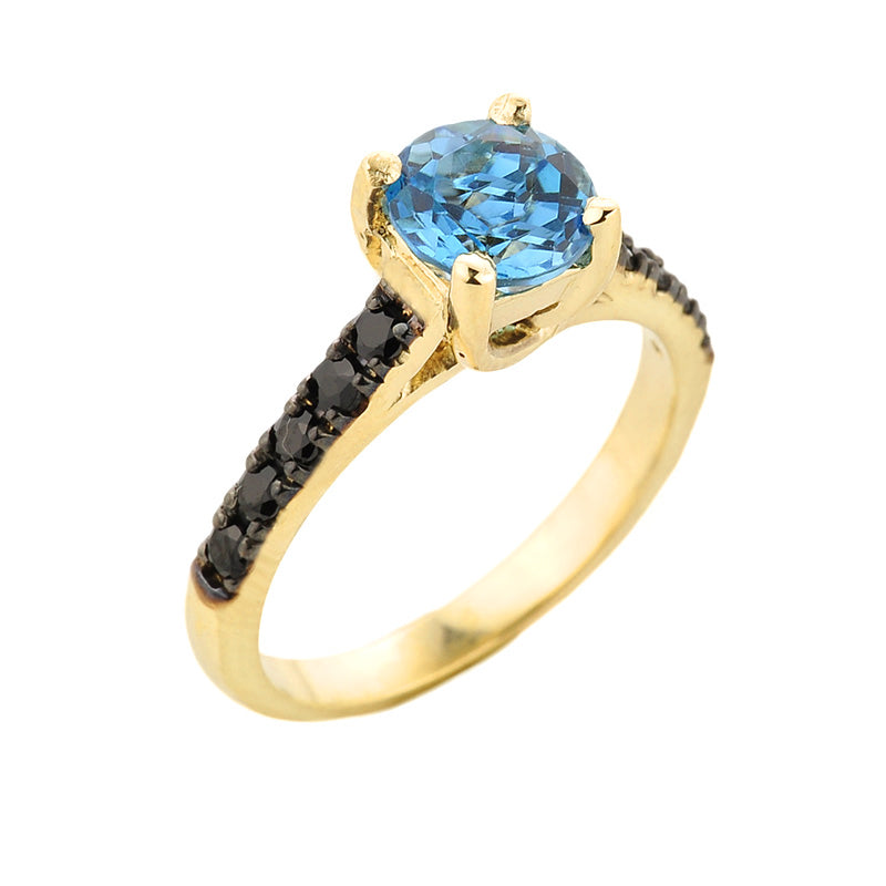 Yellow Gold Blue Topaz and Black Diamond Solitaire Engagement Ring