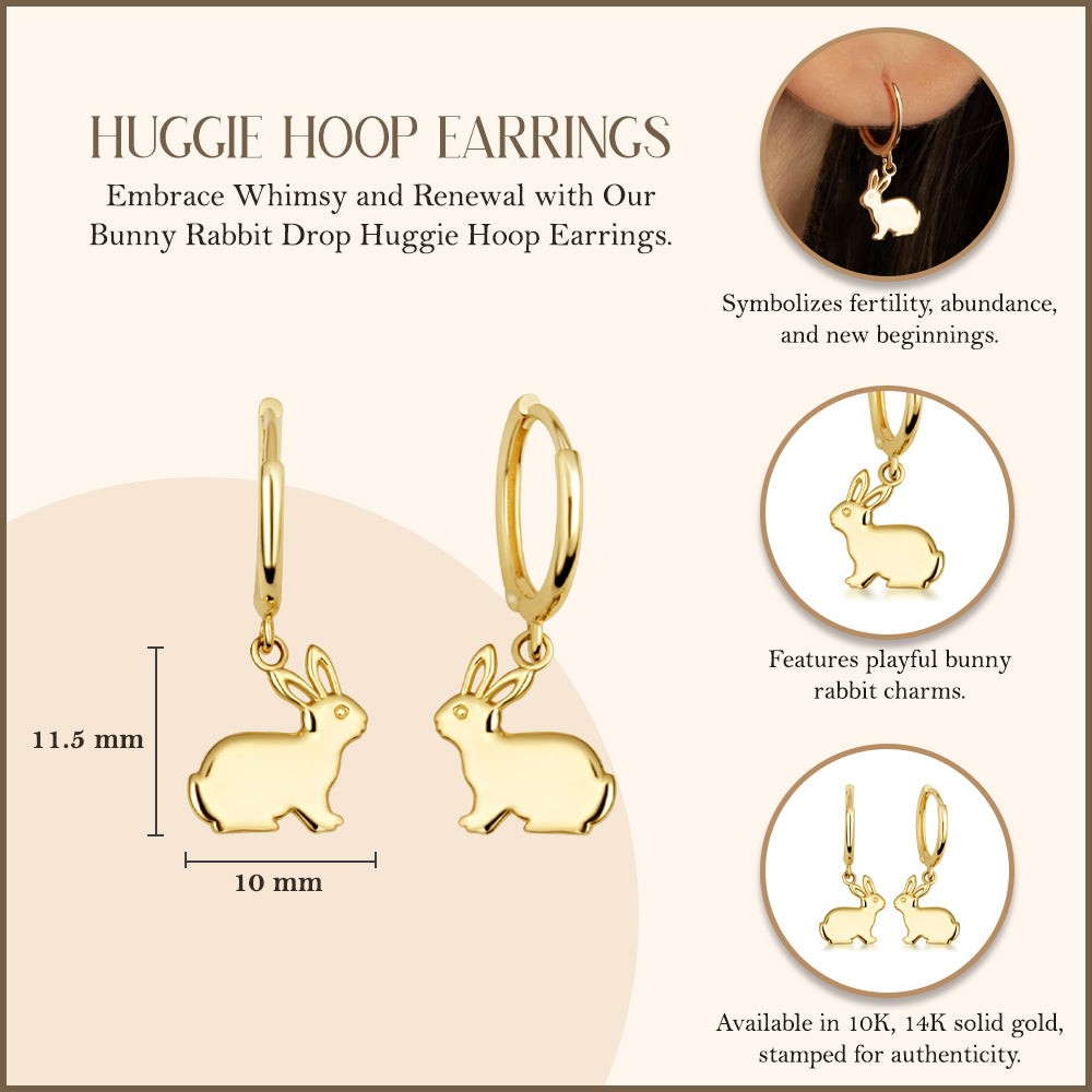 Yellow Gold Bunny Rabbit Drop Huggie Hoop Earrings, view 3