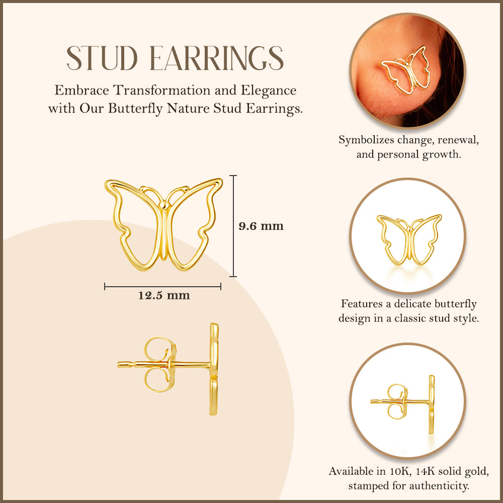 Yellow Gold Butterfly Nature Stud Earrings, view 3