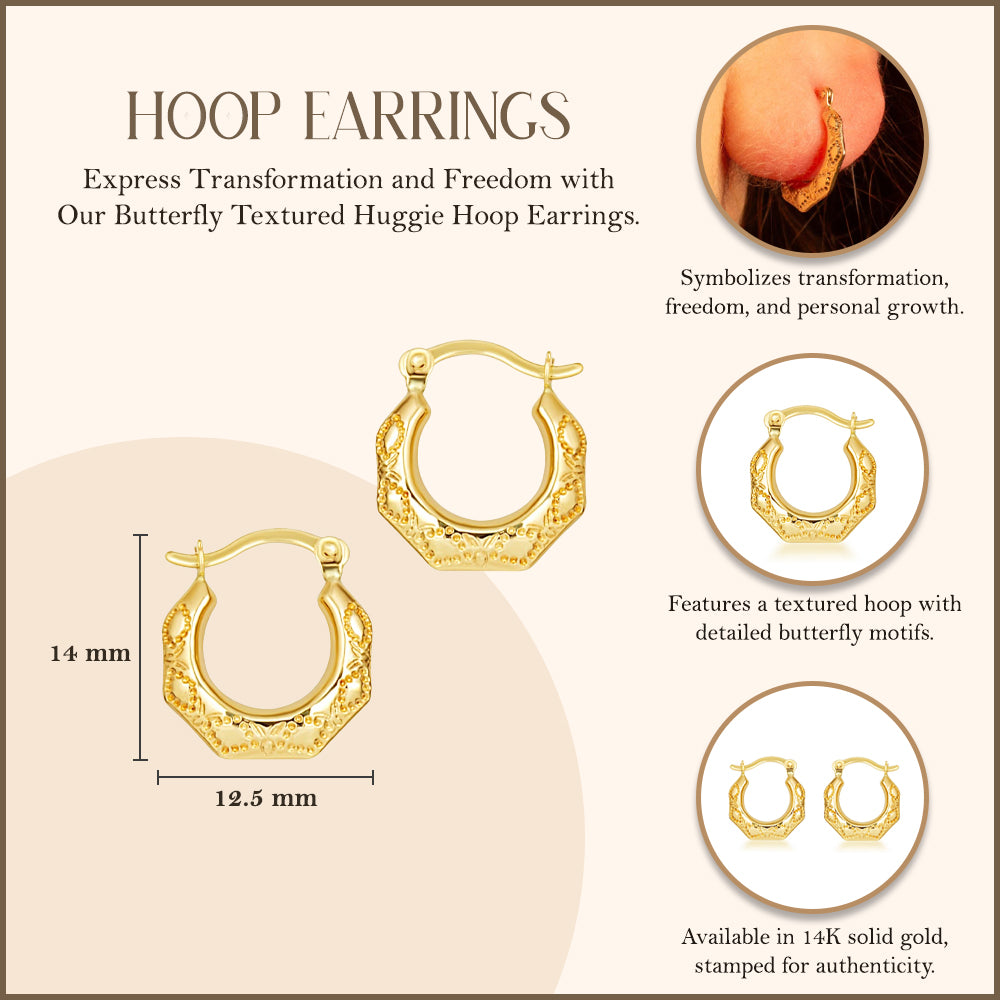 Yellow Gold Butterfly Textured Huggie Hoop Earrings, view 3