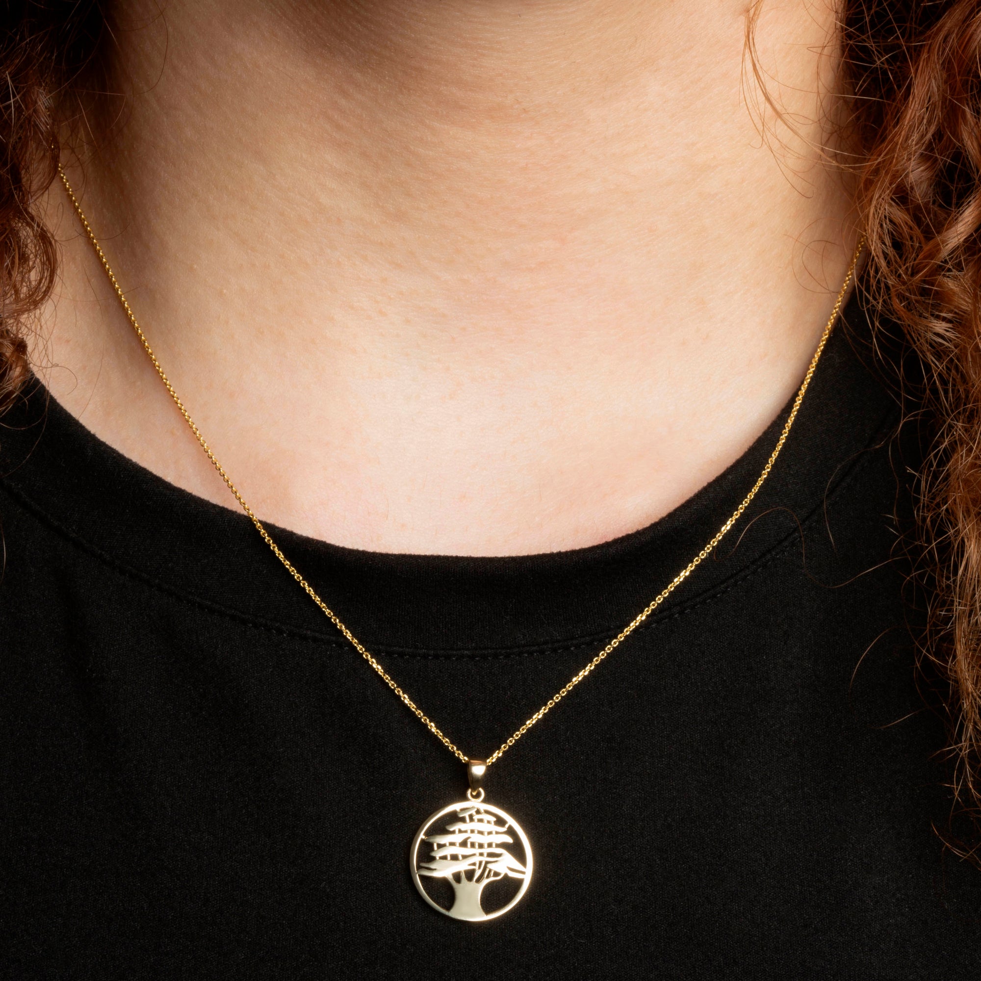 Yellow Gold Cedar Tree of Lebanon Pendant Necklace, view 2
