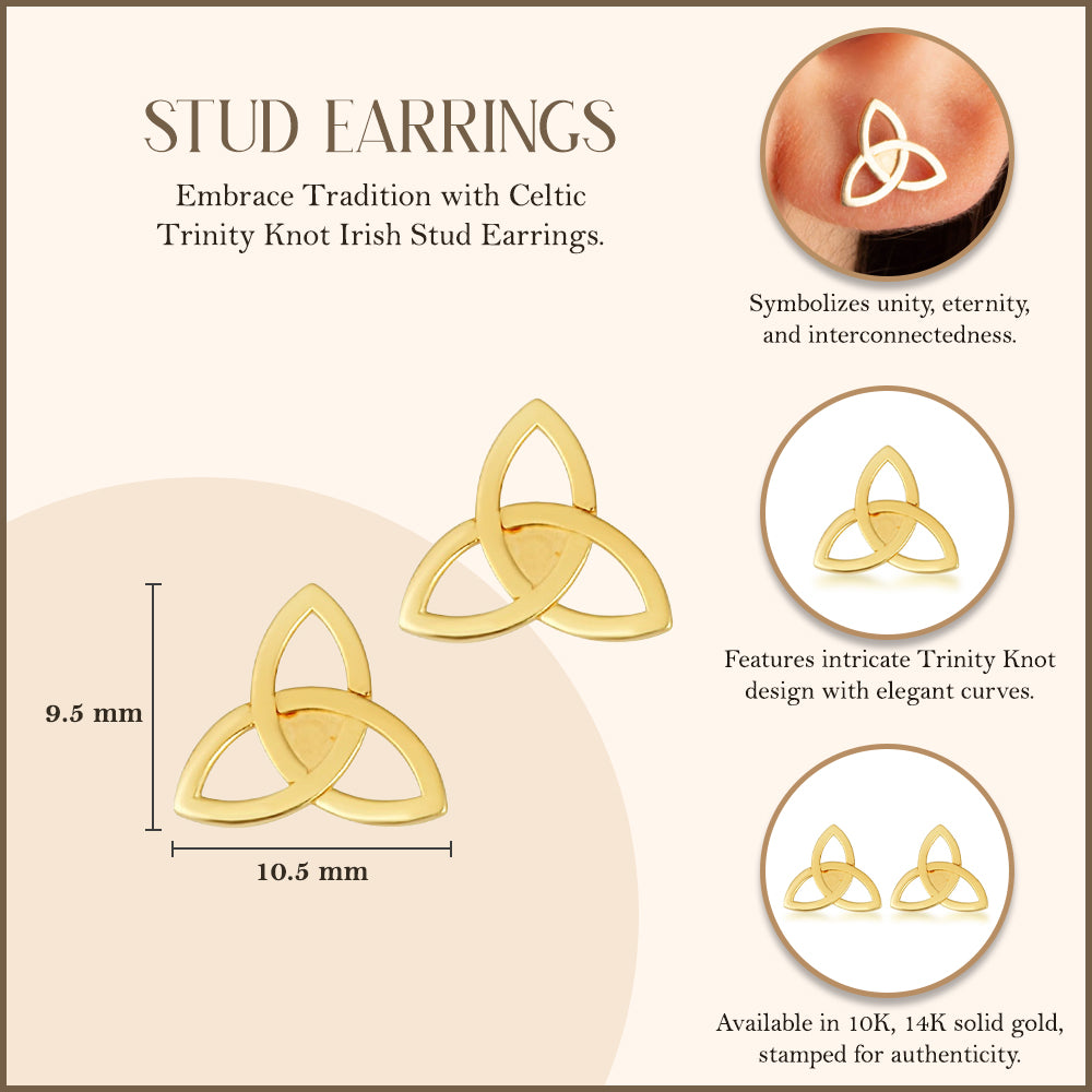 Yellow Gold Celtic Trinity Irish Stud Earrings, view 3
