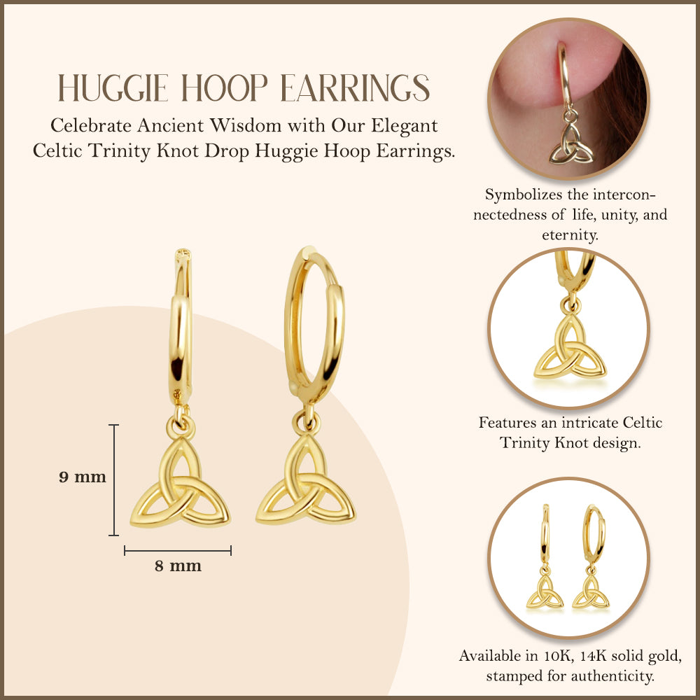 Yellow Gold Celtic Trinity Knot Irish Drop Huggie Hoop Earrings, view 3