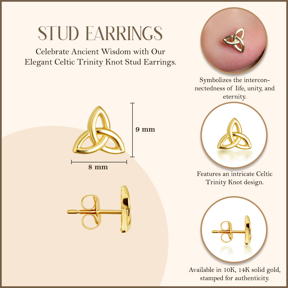 Yellow Gold Celtic Trinity Knot Irish Stud Earrings, view 3
