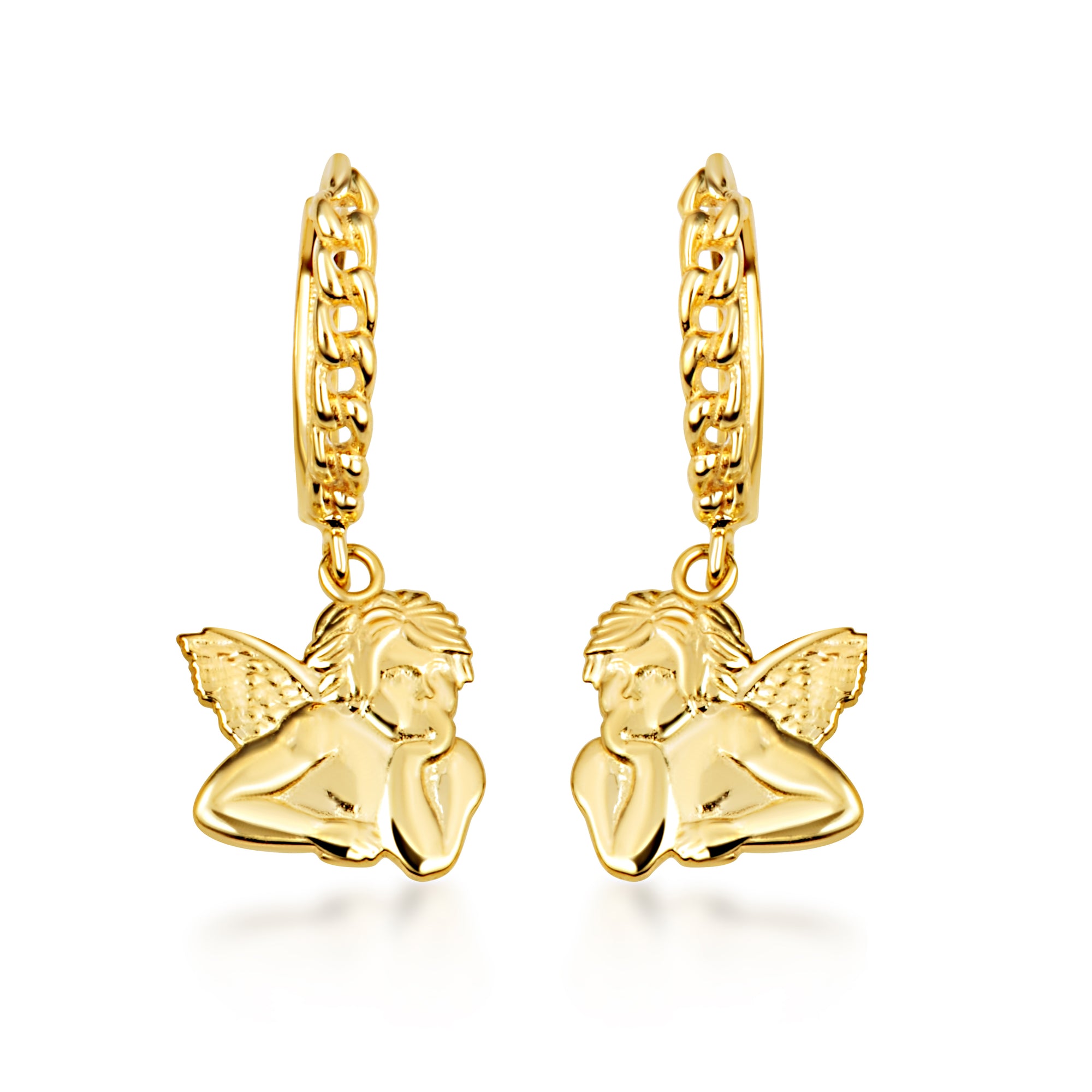 Yellow Gold Cherub Angel Cuban Link Huggie Hoop Earrings