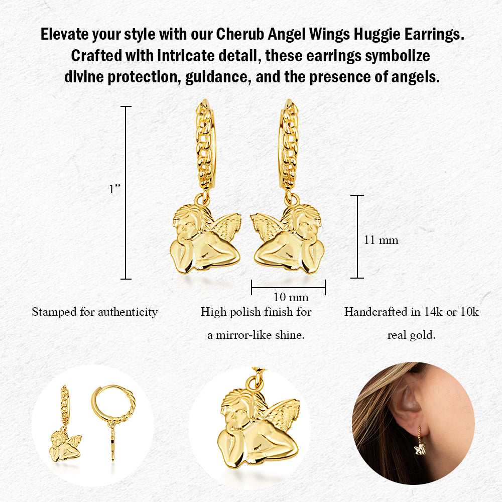 Yellow Gold Cherub Angel Cuban Link Huggie Hoop Earrings, view 3