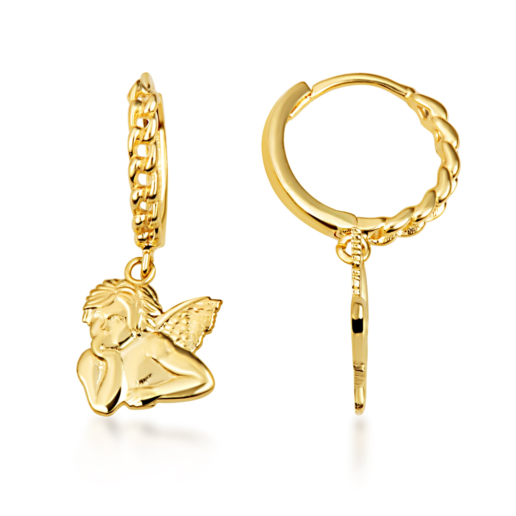 Yellow Gold Cherub Angel Cuban Link Huggie Hoop Earrings, view 4
