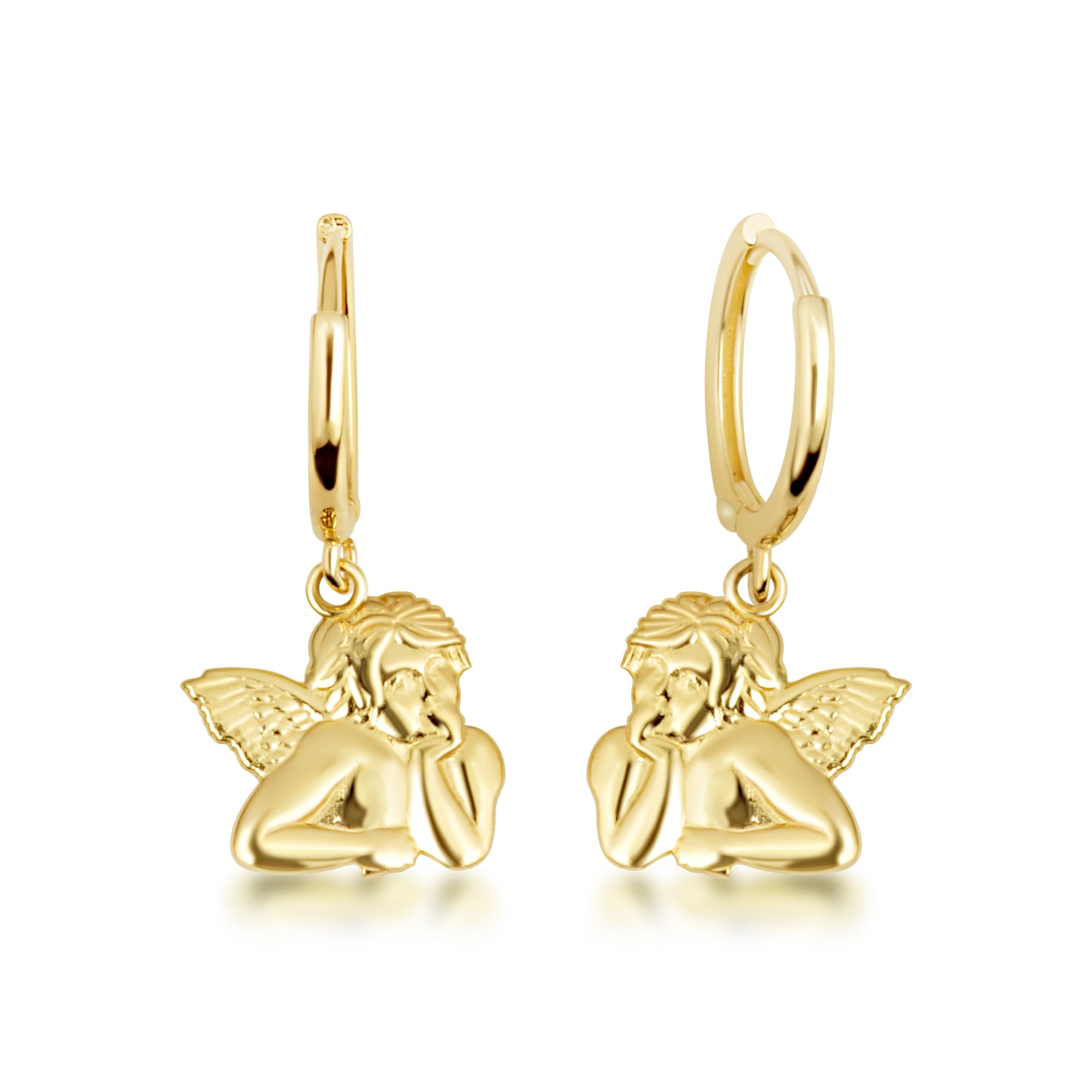 Yellow Gold Cherub Angel Drop Huggie Hoop Earrings
