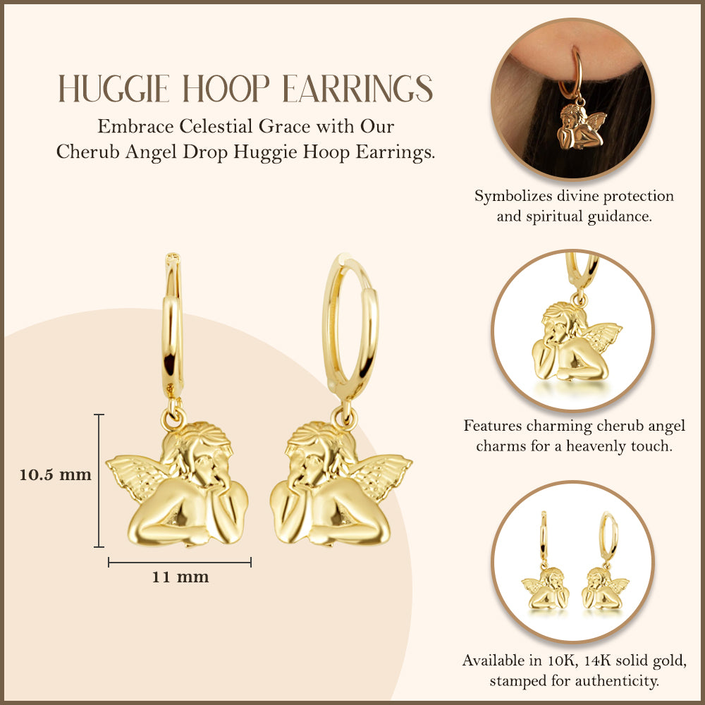 Yellow Gold Cherub Angel Drop Huggie Hoop Earrings, view 3