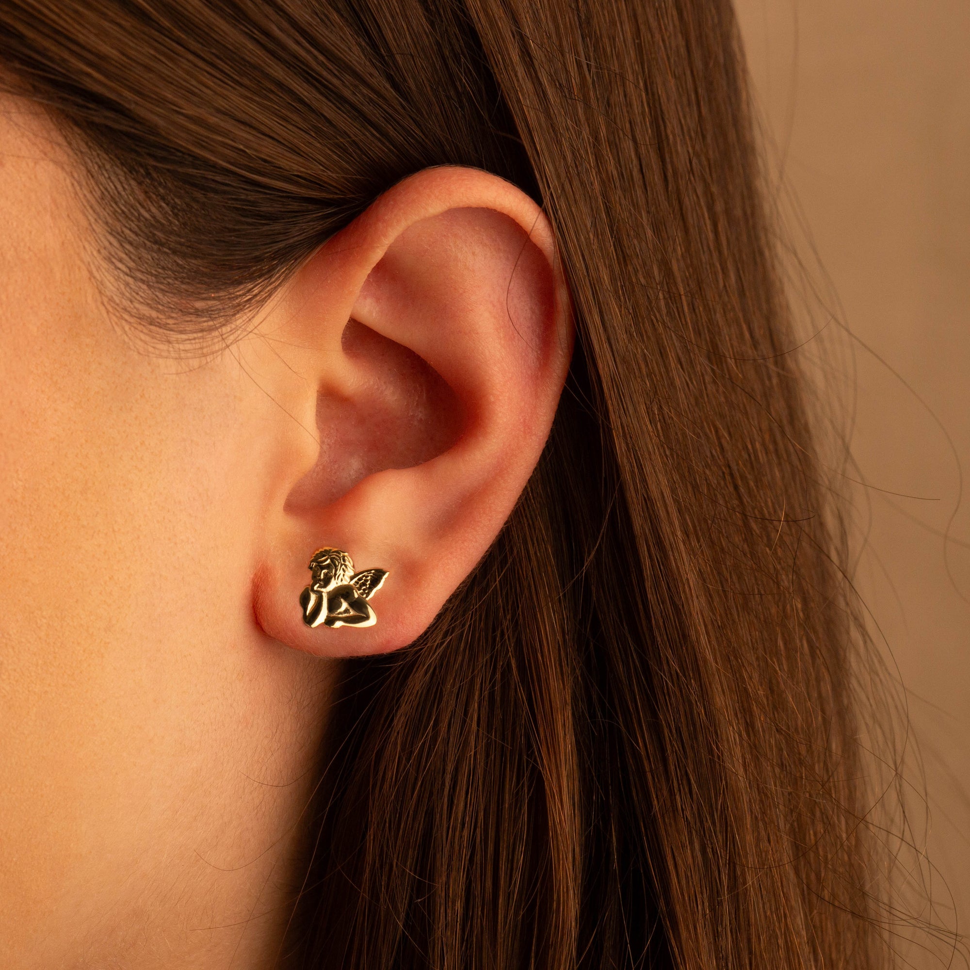 Yellow Gold Cherub Angel Stud Earrings, view 2