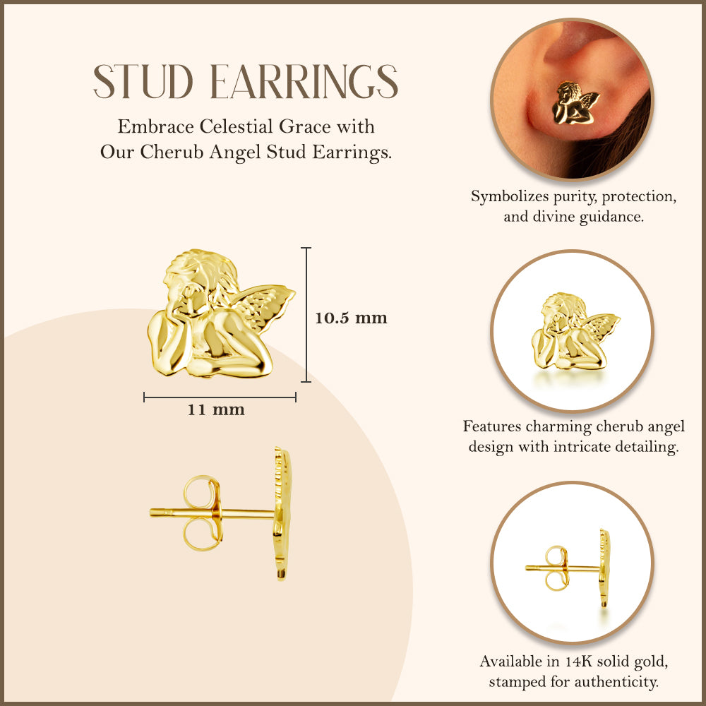 Yellow Gold Cherub Angel Stud Earrings, view 3
