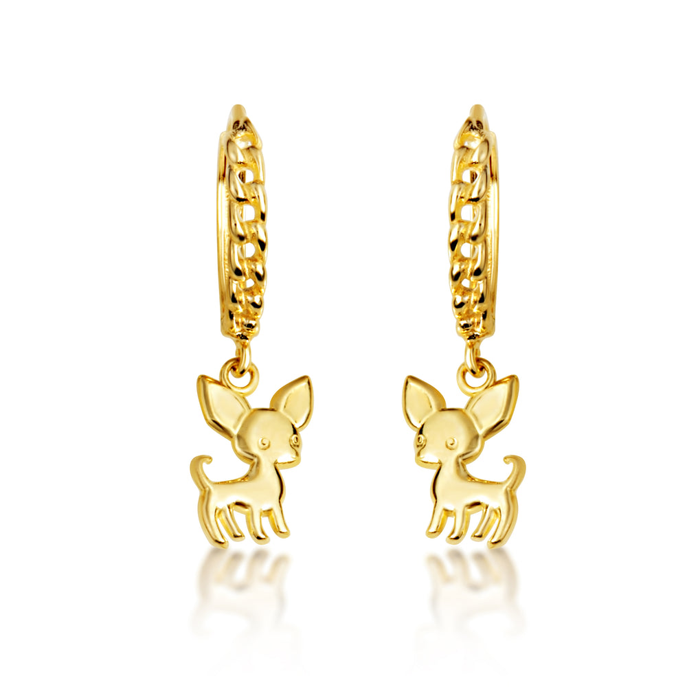 Yellow Gold Chihuahua Pet Dog Cuban Link Huggie Hoop Earrings