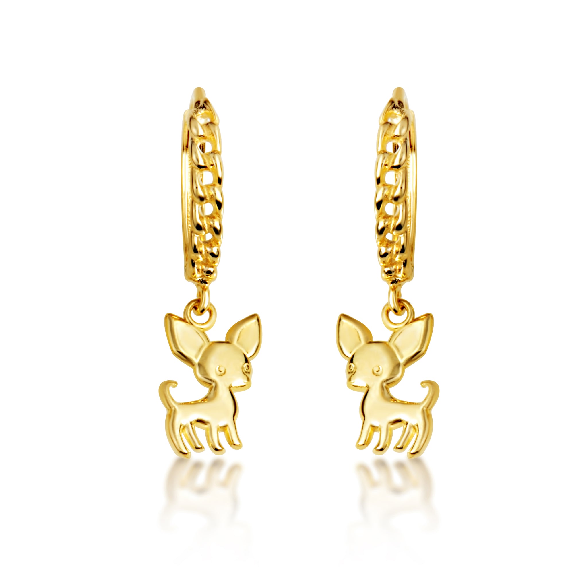 Yellow Gold Chihuahua Pet Dog Cuban Link Huggie Hoop Earrings