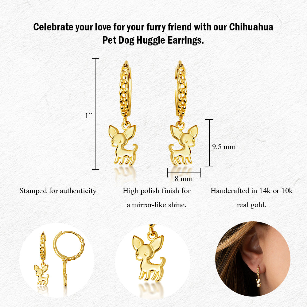 Yellow Gold Chihuahua Pet Dog Cuban Link Huggie Hoop Earrings, view 3