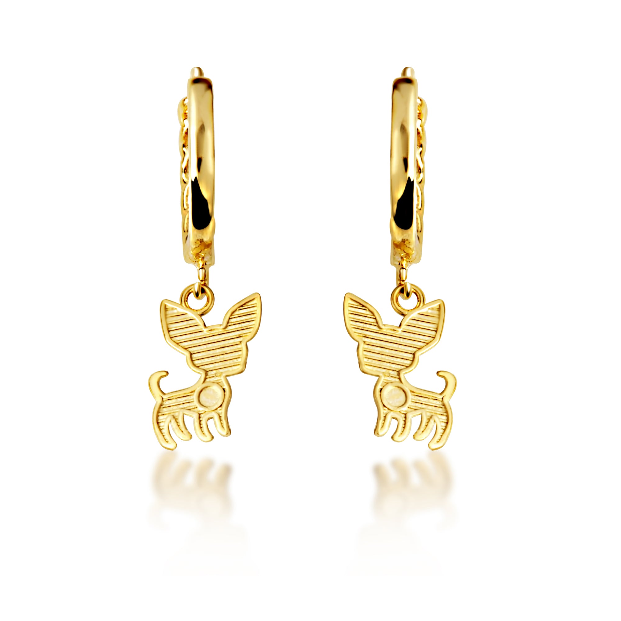 Yellow Gold Chihuahua Pet Dog Cuban Link Huggie Hoop Earrings, view 4