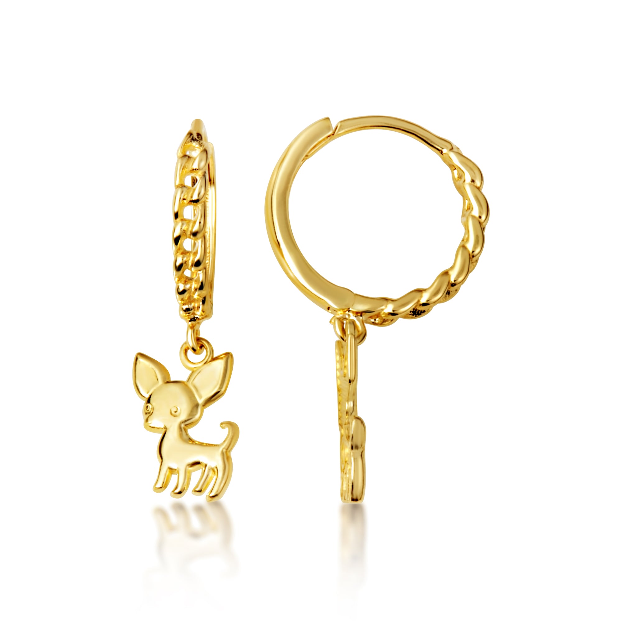 Yellow Gold Chihuahua Pet Dog Cuban Link Huggie Hoop Earrings, view 5