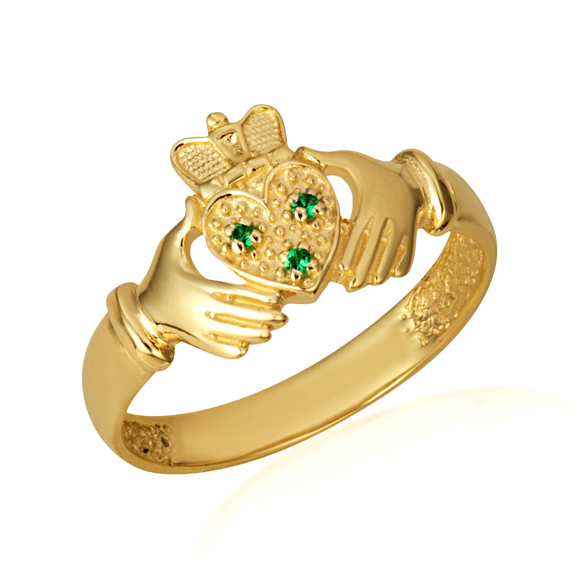 Yellow Gold Claddagh Heart Crown Emerald Birthstone Ring